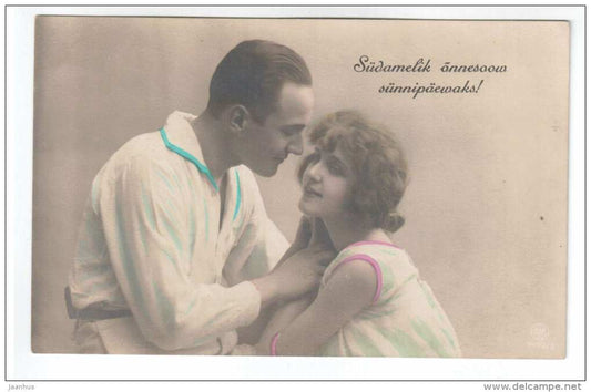 Birthday Greeting Card - couple - old postcard - circulated in Estonia 1929 - used - JH Postcards