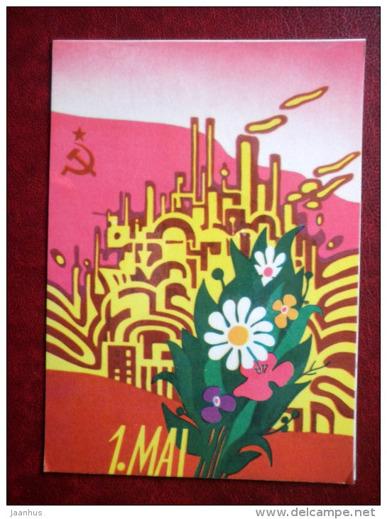 May 1st Greeting Card - by Sinyukayev - flowers - industry - red flag - 1975 - Estonia USSR - used - JH Postcards