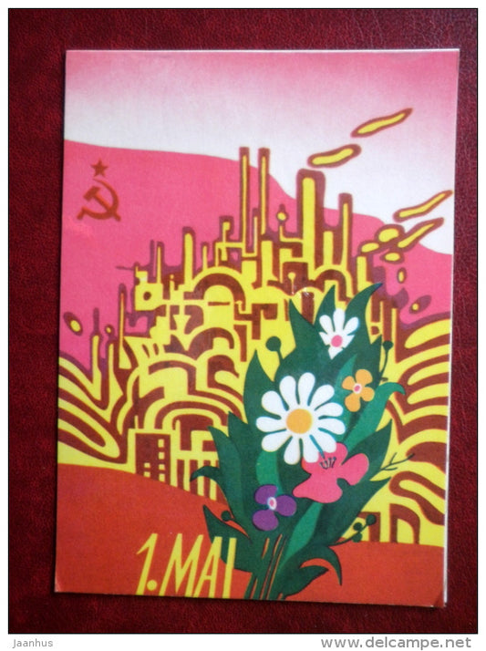 May 1st Greeting Card - by Sinyukayev - flowers - industry - red flag - 1975 - Estonia USSR - used - JH Postcards