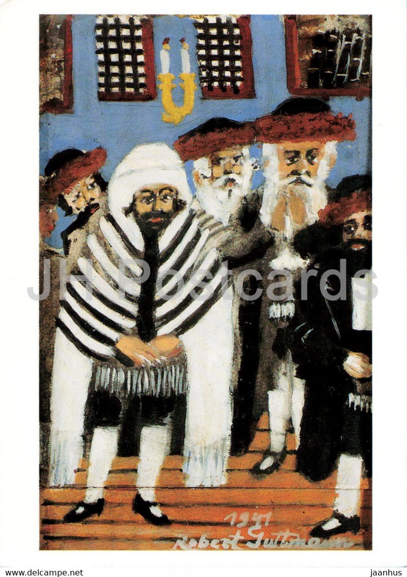 painting by Robert Guttmann - Hasidim in a Synagogue - Jewish Museum in Prague - Czech Republic - unused - JH Postcards