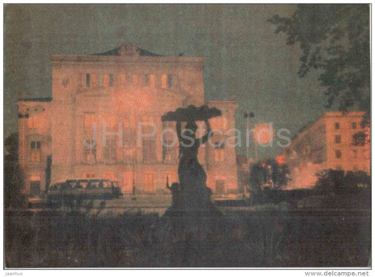 Opera Square - Riga by Night - old postcard - Latvia USSR - unused - JH Postcards