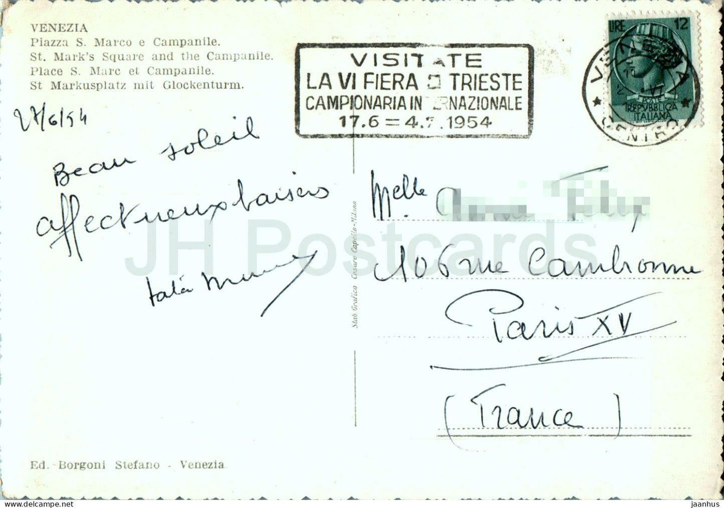 Venezia - Venice - Piazza S Marco e Campanile - St Mark's Square and the Campanile - old postcard - 1954 - Italy - used