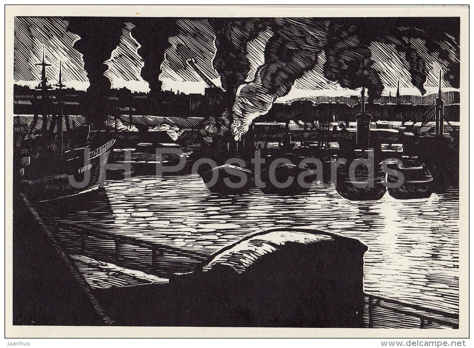 Port Raid - illustration by A. Avdyshev - Karelia - Karjala - 1968 - Russia USSR - unused - JH Postcards