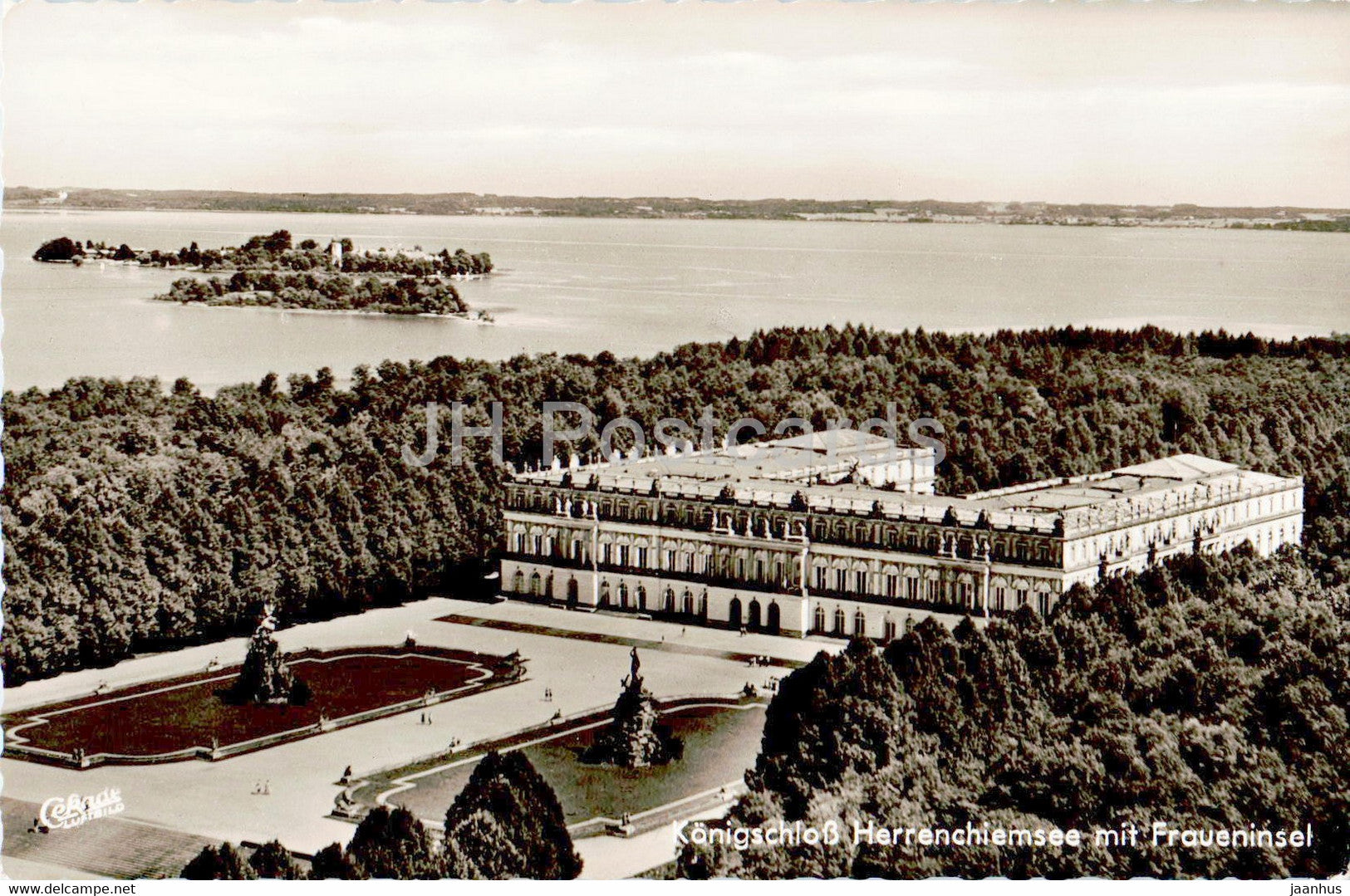 Konigschloss Herrenchiemsee mit Fraueninsel - castle - old postcard - Germany - unused - JH Postcards