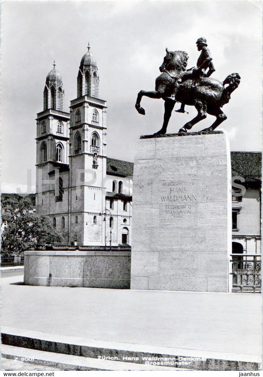 Zurich - Hans Waldmann Denkmal - Grossmunster - monument - horse - cathedral - 1955 - old postcard - Switzerland - used - JH Postcards