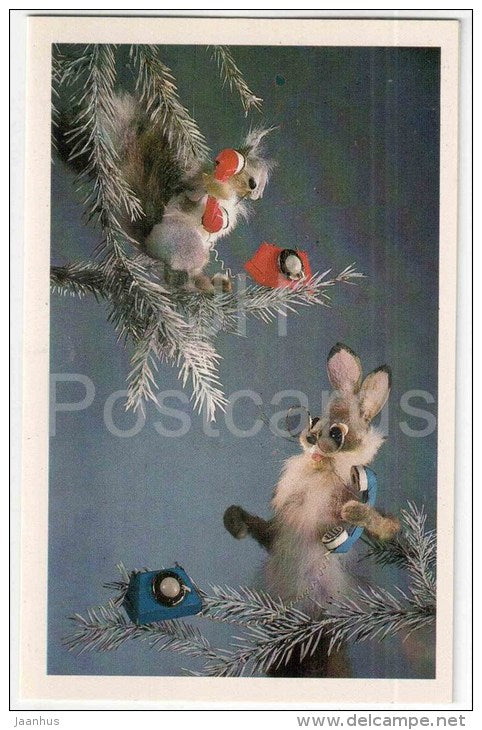 New Year Greeting card - hare - squirrel - doll - telephone - 1982 - Russia USSR - unused - JH Postcards
