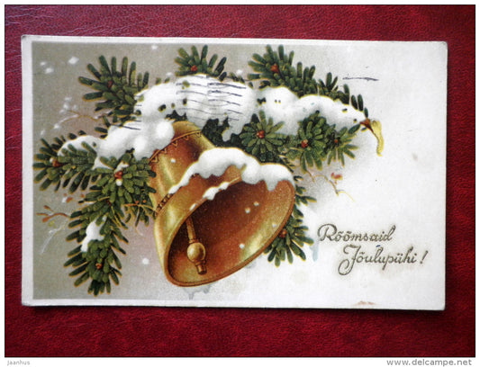 Christmas Greeting Card - christmas bell - spruce branches - WO 727 - circulated in 1938 - Estonia - used - JH Postcards