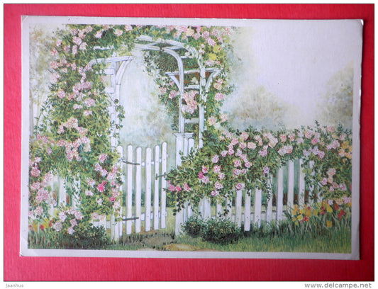 illustration - wooden fence - gate - flowers - Relander 4584/8 - Finland - sent from Finland Turku to Estonia USSR 1983 - JH Postcards