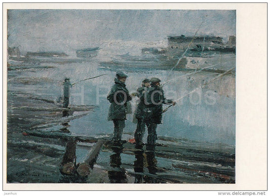 painting by E. Kalnins - Fishermen , 1930 - Latvian art - 1986 - Russia USSR - unused - JH Postcards