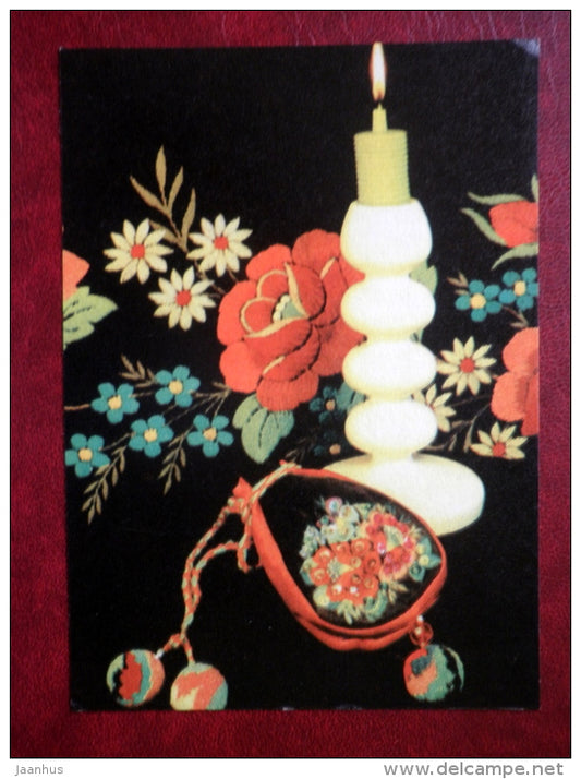 New Year Greeting card - candle - embroidery - 1969 - Estonia USSR - used - JH Postcards