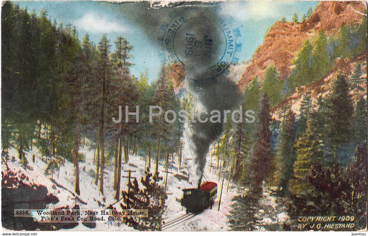 Woodland Park Near Halfway House - Pike's Peak Cog Road - train -  old postcard - 1909 - United States - USA - used - JH Postcards
