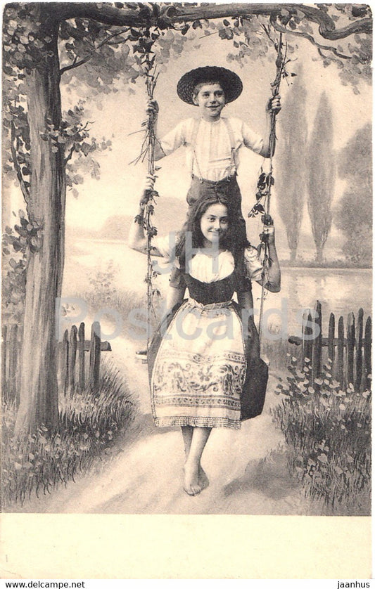 boy and girl - swing - children - K V i B - Dess I - old postcard - unused - JH Postcards