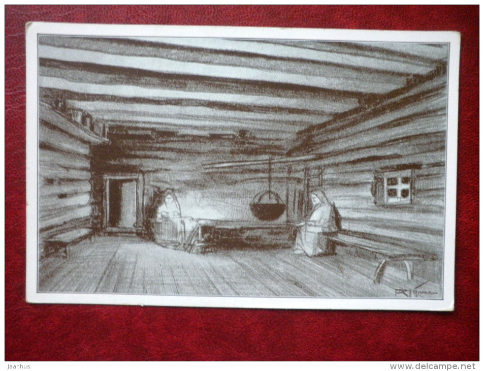 Painting - Estonian hut - estonian art - unused - JH Postcards