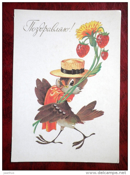bithday greeting card - illustration by chetverikov - bird - strawberries, dandelion - 1987 - Russia - USSR - unused - JH Postcards