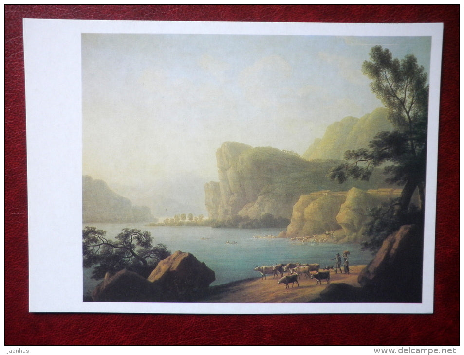 painting by Andrey Yefimovich Martynov , view of the Selenga River in Siberia , 1817 - cows - russian art - unused - JH Postcards