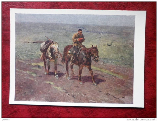 Painting by M. B. Grekov - in the squad Budyonny, 1923 - soldier - horse - russian art - unused - JH Postcards