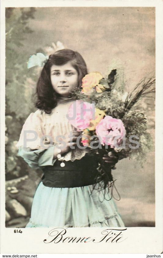 Greeting Card - Bonne Fete - 614 - girl - old postcard - 1908 - France - used - JH Postcards