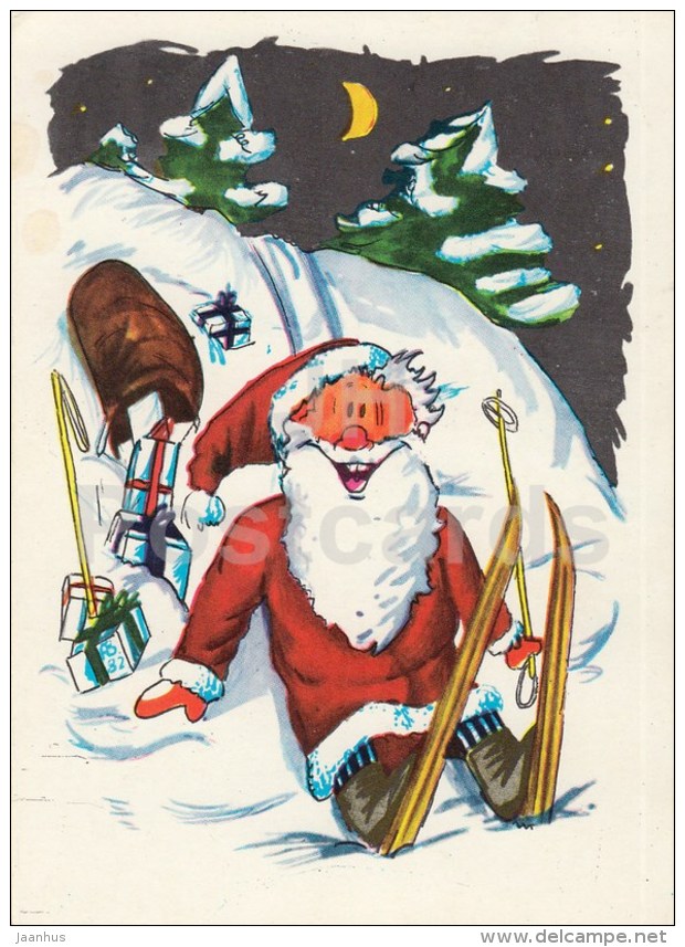New Year Greeting Card by A. Boltovski - 1 - Santa Claus - gifts - skiing - 1983 - Estonia USSR - used - JH Postcards