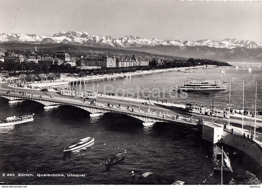Zurich - Quaibrucke - Utoquai - bridge - boat - tram - 465 - 1956 - Switzerland - used - JH Postcards