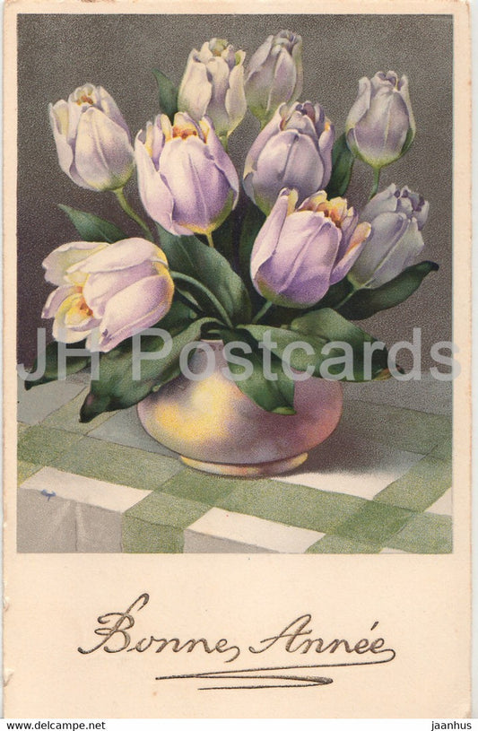 Birthday Greeting Card - Bonne Annee- flowers - tulips in a vase - 3449-1 - illustration - old postcard - France - used - JH Postcards