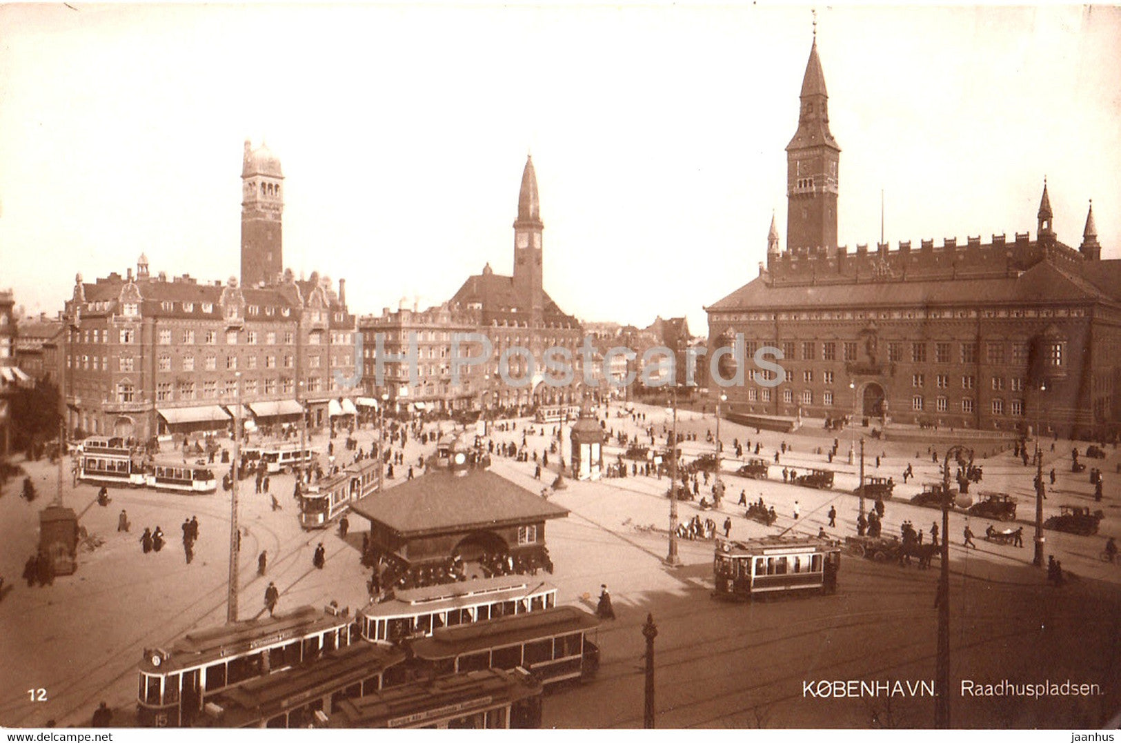 Copenhagen - Kobenhavn - Raadhuspladsen - tram - 12 - old postcard - 1919 - Denmark - used - JH Postcards