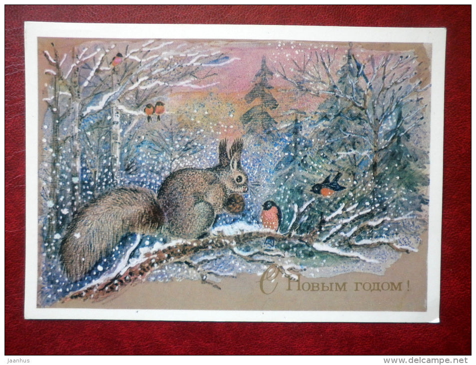New Year greeting card - illustration by L. Manilova - squirrel - bullfinch - birds - 1981 - Russia USSR - used - JH Postcards