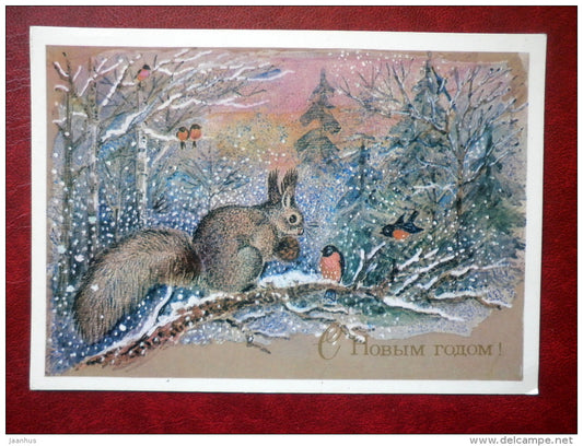 New Year greeting card - illustration by L. Manilova - squirrel - bullfinch - birds - 1981 - Russia USSR - used - JH Postcards