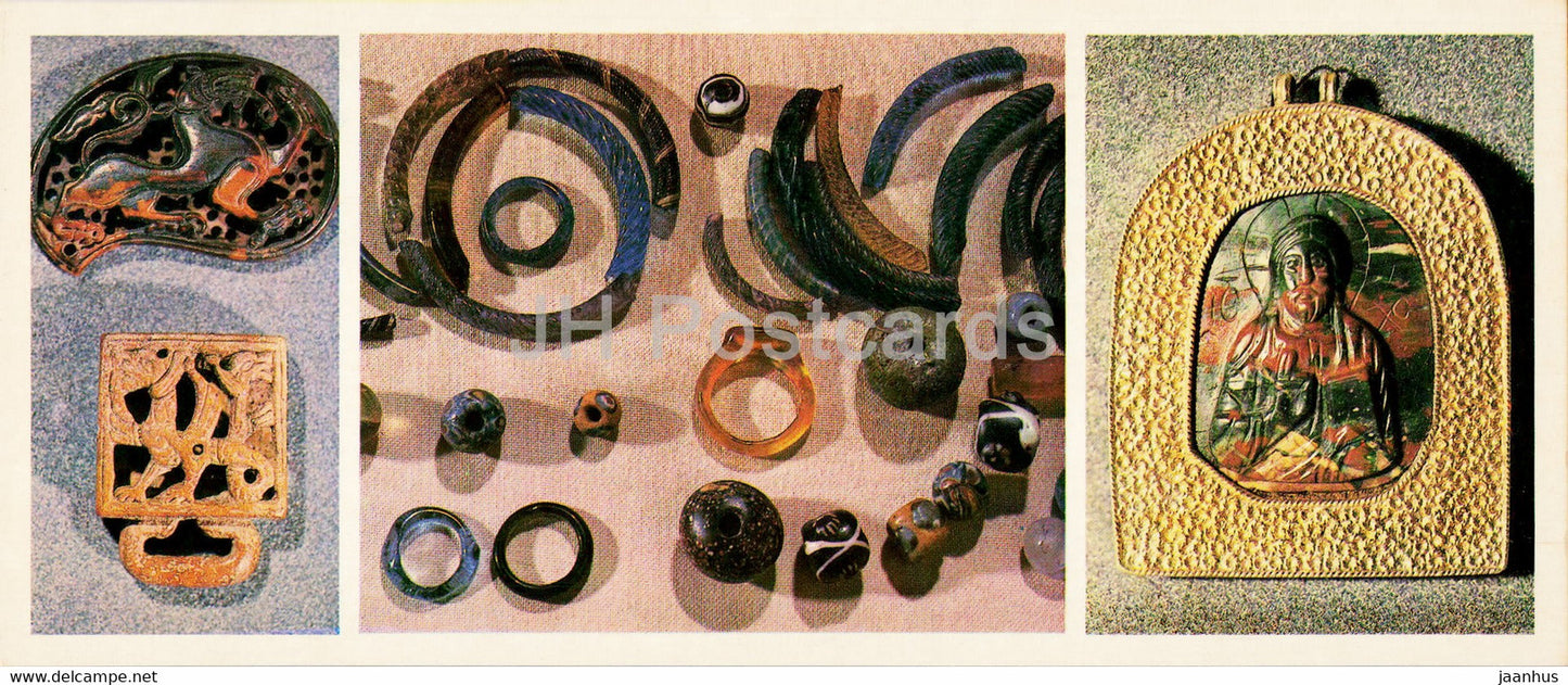 Novgorod - bone hair ornaments - glass bracelets - miniature carved stone icon - 1980 - Russia USSR - unused - JH Postcards
