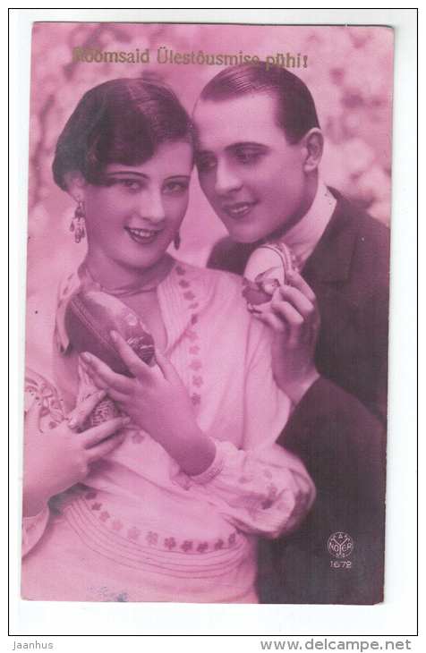 Easter Greeting Card - Man and Woman - Eggs - Noyer 1672- old - circulated in Estonia 1929 Tallinn - France - used - JH Postcards