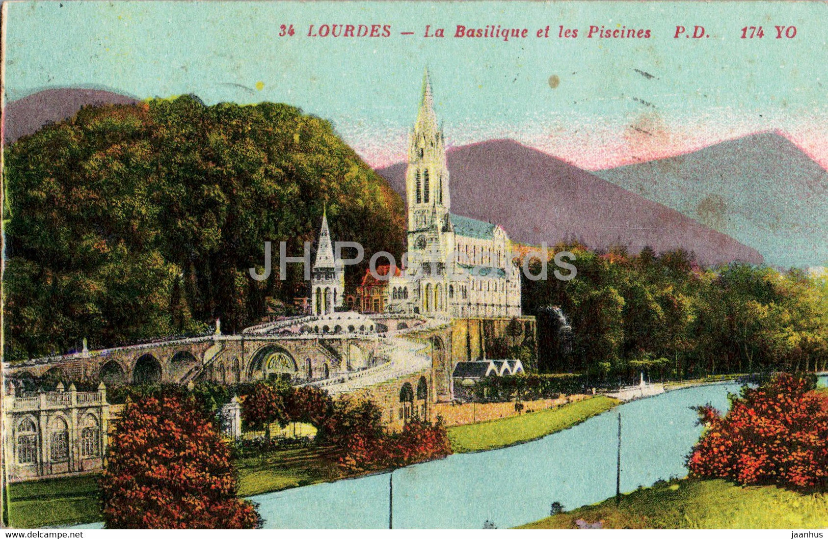 Lourdes - La Basilique et les Piscines - 34 - old postcard - 1942 - France - used - JH Postcards