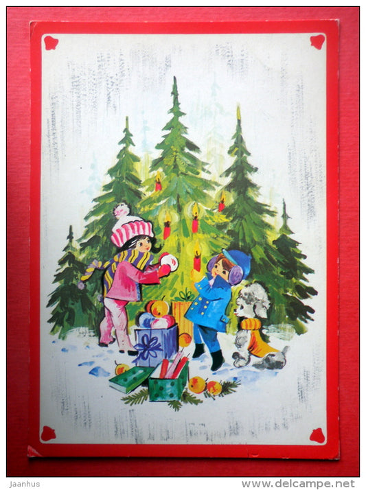 Christmas Greeting Card - gifts - christmas tree - dog - children - 279 - Finland - circulated in Finland - JH Postcards