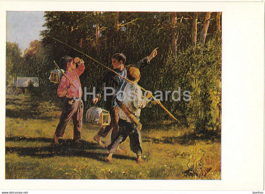 painting by A. Korzukhin - Bird Enemies - boys catching birds - Russian art - 1978 - Russia USSR - unused - JH Postcards