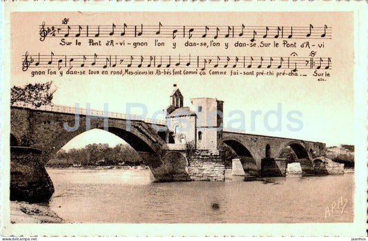 Avignon - Le Pont St Benezet - bridge - chancon - lyrics - song - 1 - old postcard - France - unused - JH Postcards