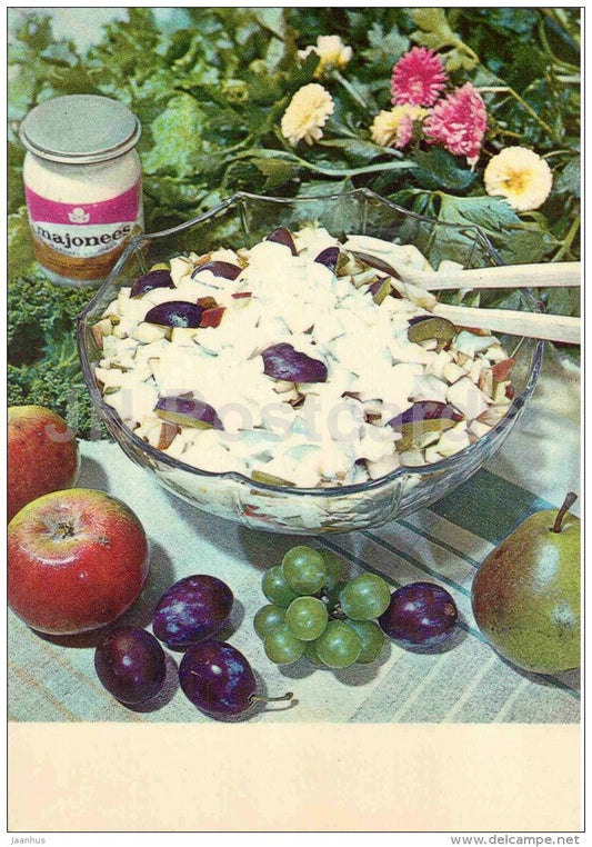 cheese and fruit salad - apple - plum - mayonnaise - peach - cooking recepies - 1983 - Estonia USSR - unused - JH Postcards
