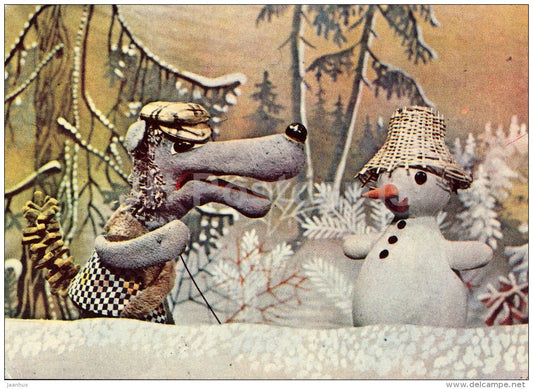 New Year Greeting card - 2 - puppetry - snowman - wolf - 1978 - Estonia USSR - unused - JH Postcards