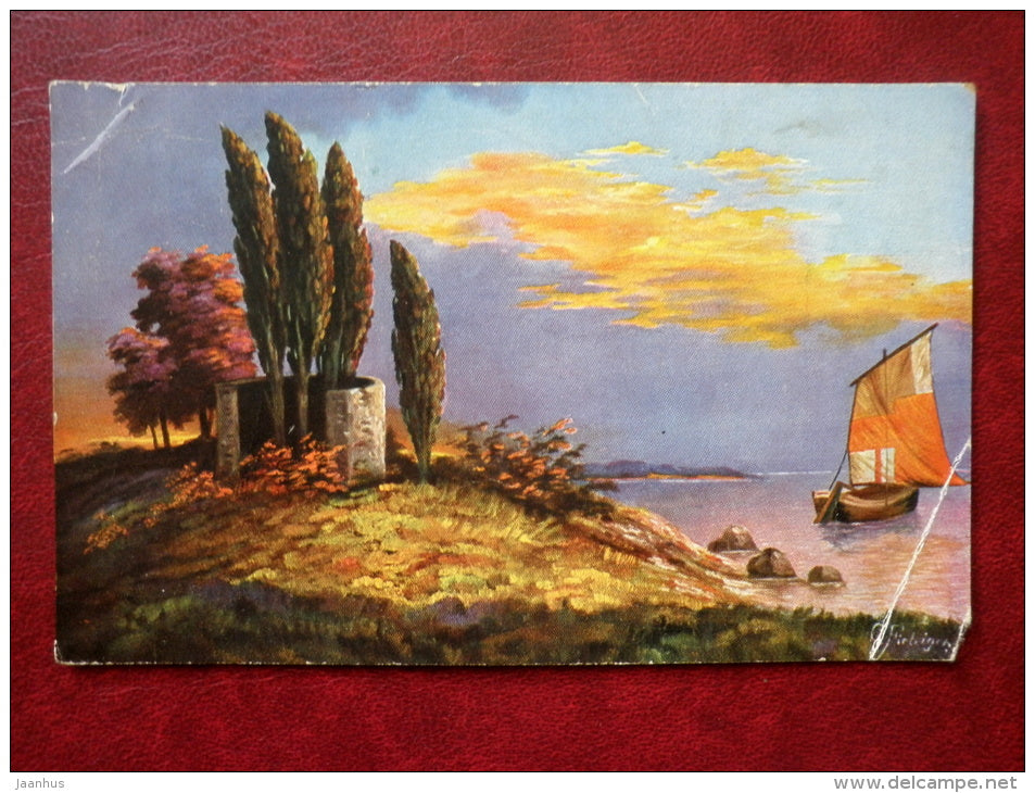painting - sailing boot - seaside - 443 - circulated in 1924 - Estonia - used - JH Postcards