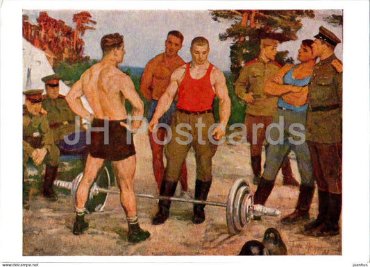 painting by B. Fyodorov - Soldier's Power - weightlifting - sport - military - Russian art - 1963 - Russia USSR - unused - JH Postcards