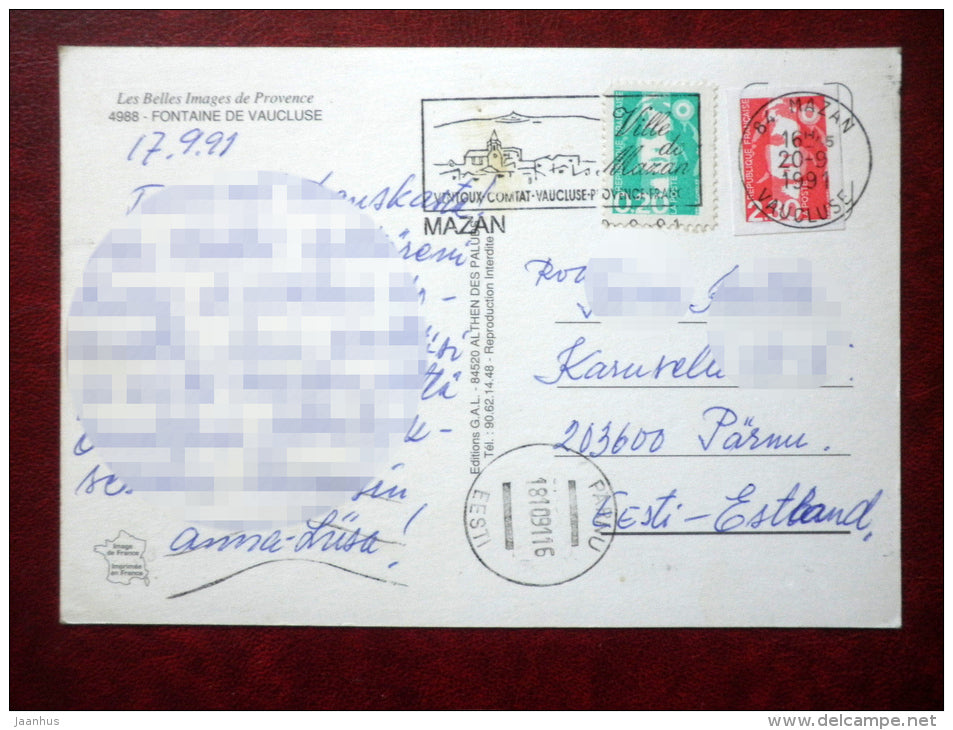 Fontaine de Vaucluse - Les Belles Images de Provence - sent from France to Estonia in 1991 - France  - used - JH Postcards