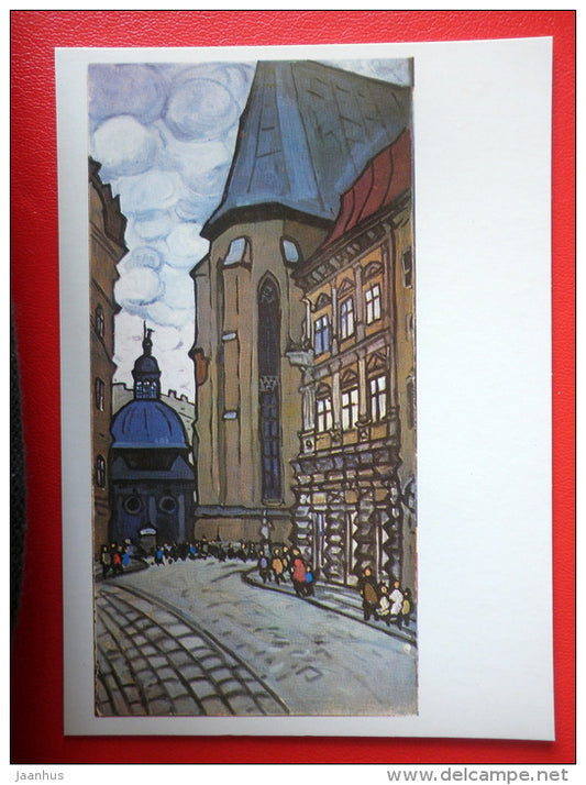 painting by Yuri Khimich . Middle Age Buildings . Lviv . Lvov - ukrainian art - unused - JH Postcards