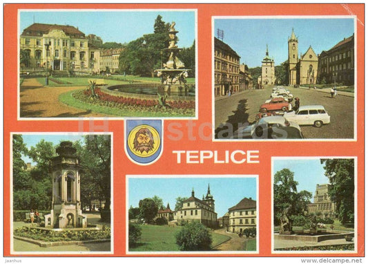 Teplice - Castle square - Kolostujova fountain - church - Krusnohorske theatre - Czechoslovakia - Czech - used 1972 - JH Postcards