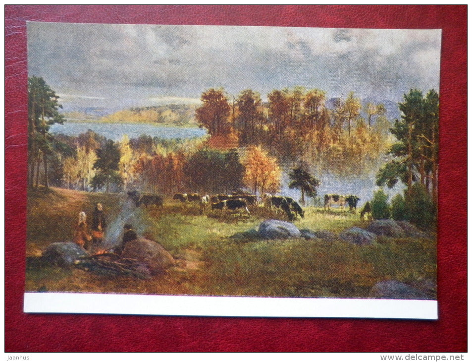 Painting by Richard Sagrits - Autumn - cows - estonian art - unused - JH Postcards