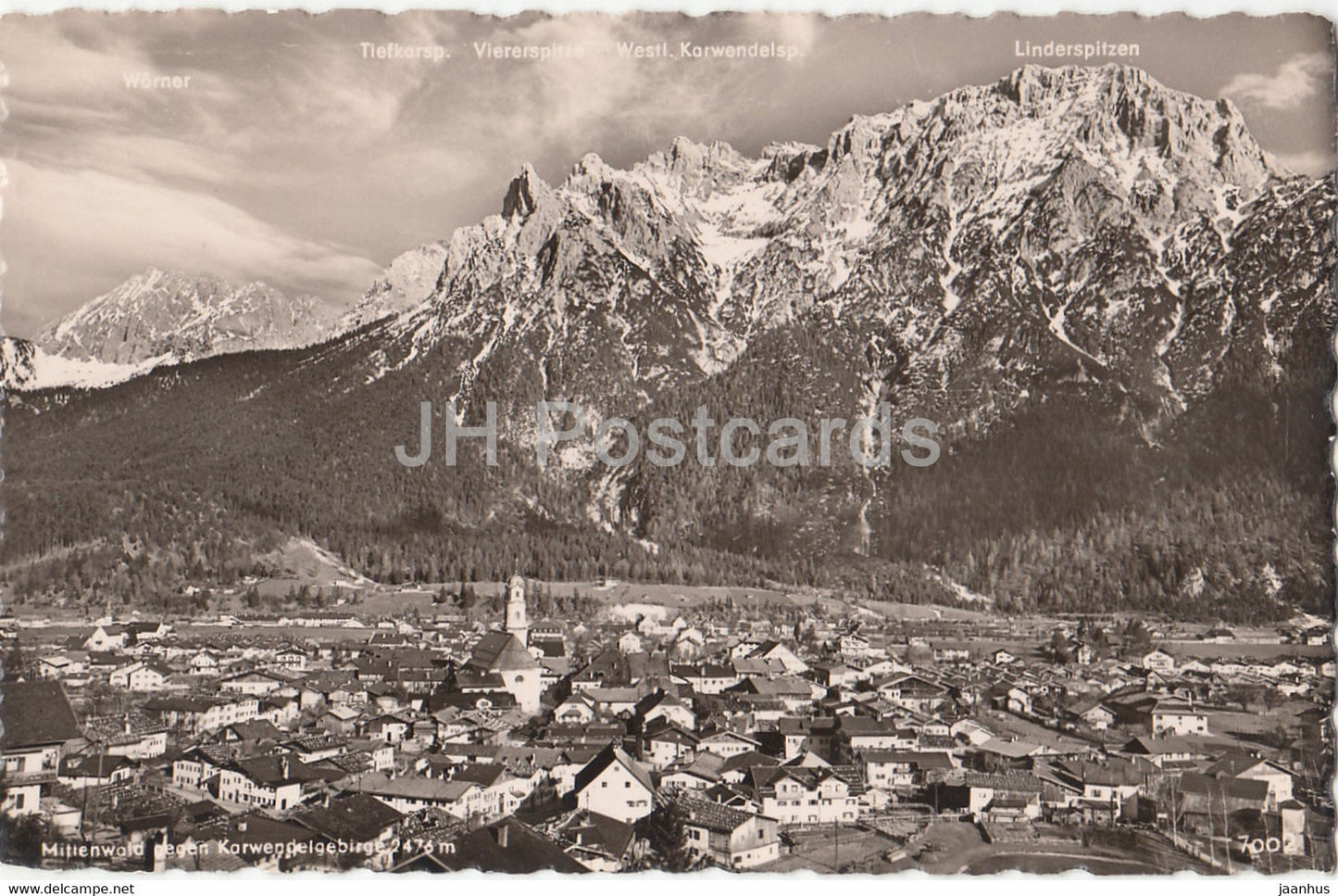 Mittenwald gegen Karwendelgebirge 2476 m - old postcard - 1954 - Germany - used - JH Postcards