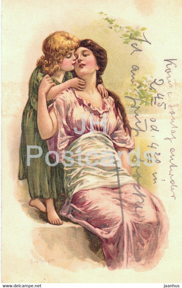 mother and child - illustration by Eva Hollyer - old postcard - 1911 - used - JH Postcards