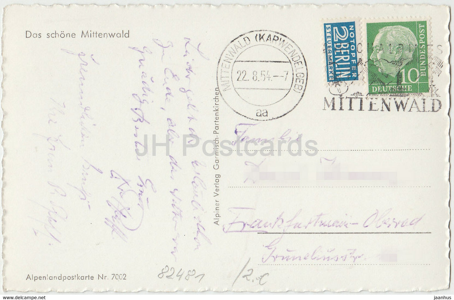 Mittenwald gegen Karwendelgebirge 2476 m - old postcard - 1954 - Germany - used