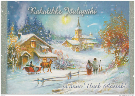 Christmas Greeting Card - church - horse sledge - illustration - Estonia - used in 2007 - JH Postcards
