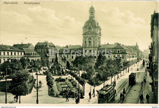 Mannheim - Paradeplatz - tram - old postcard - Germany - unused - JH Postcards
