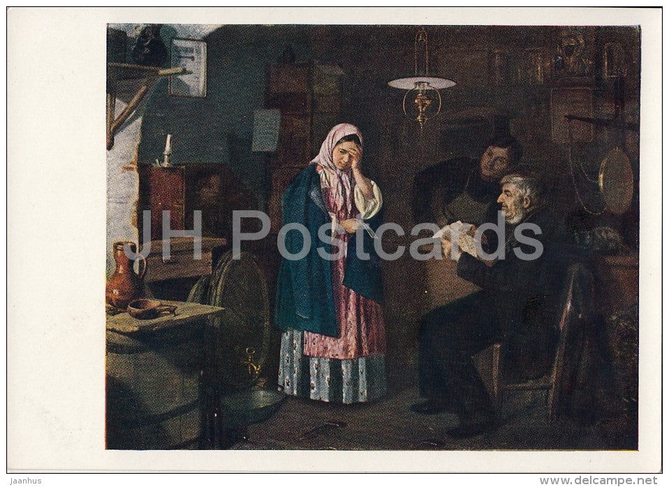 painting by I. Pryanishnikov - Reading Letter in the Vegetable Shop , 1864 - Russian art - Russia USSR - 1958 - unused - JH Postcards