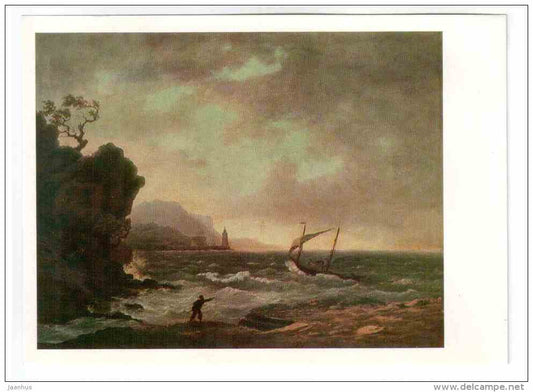 painting by William Marlow - View of the Coast - sailing boat - british art - unused - JH Postcards