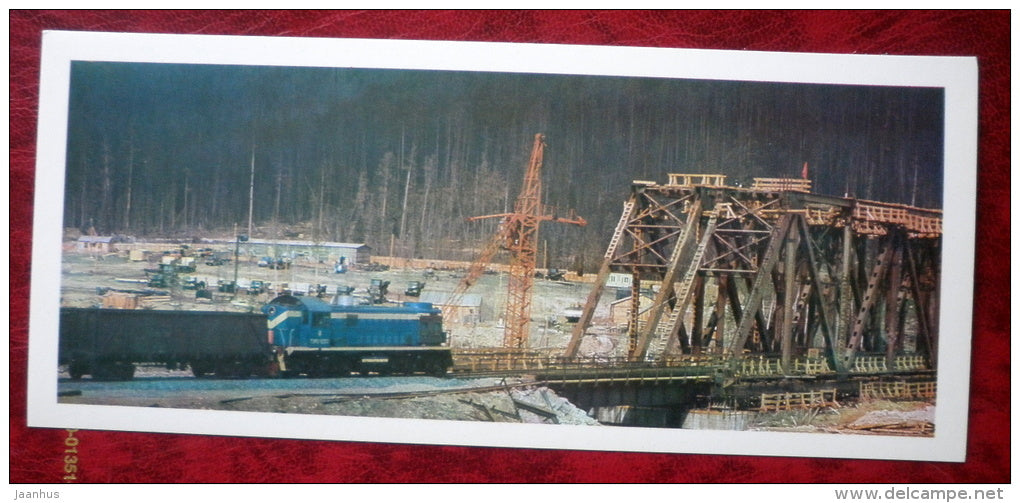 steel bridge - train - BAM - Baikal-Amur Mainline , construction of the railway  - 1975 - Russia USSR - unused - JH Postcards