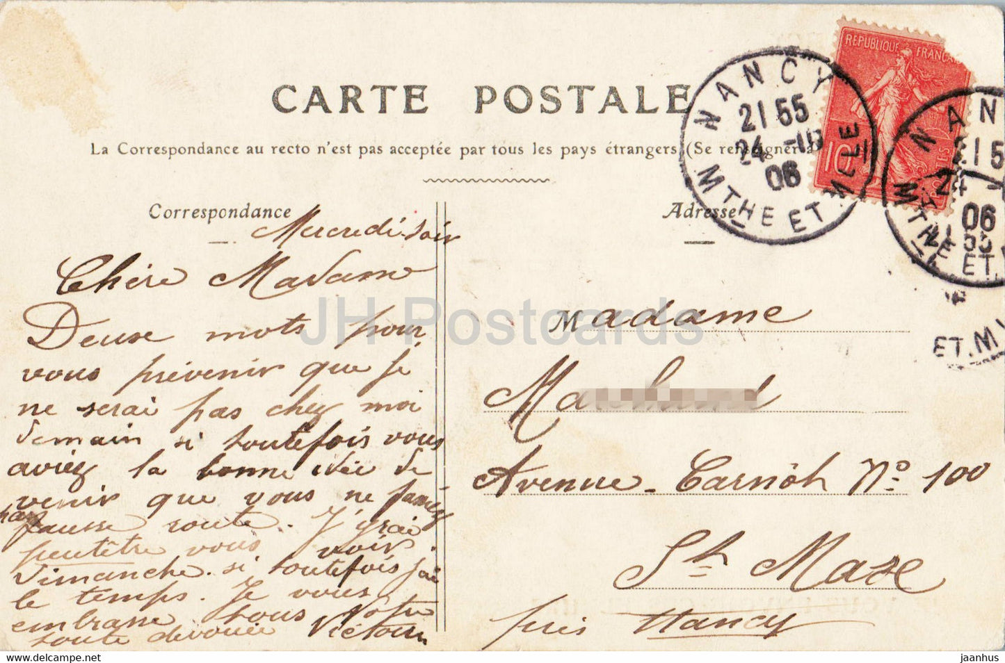 De Nancy - Je Vous Envoie Ces Fleurs - alte Postkarte - 1906 - Frankreich - gebraucht